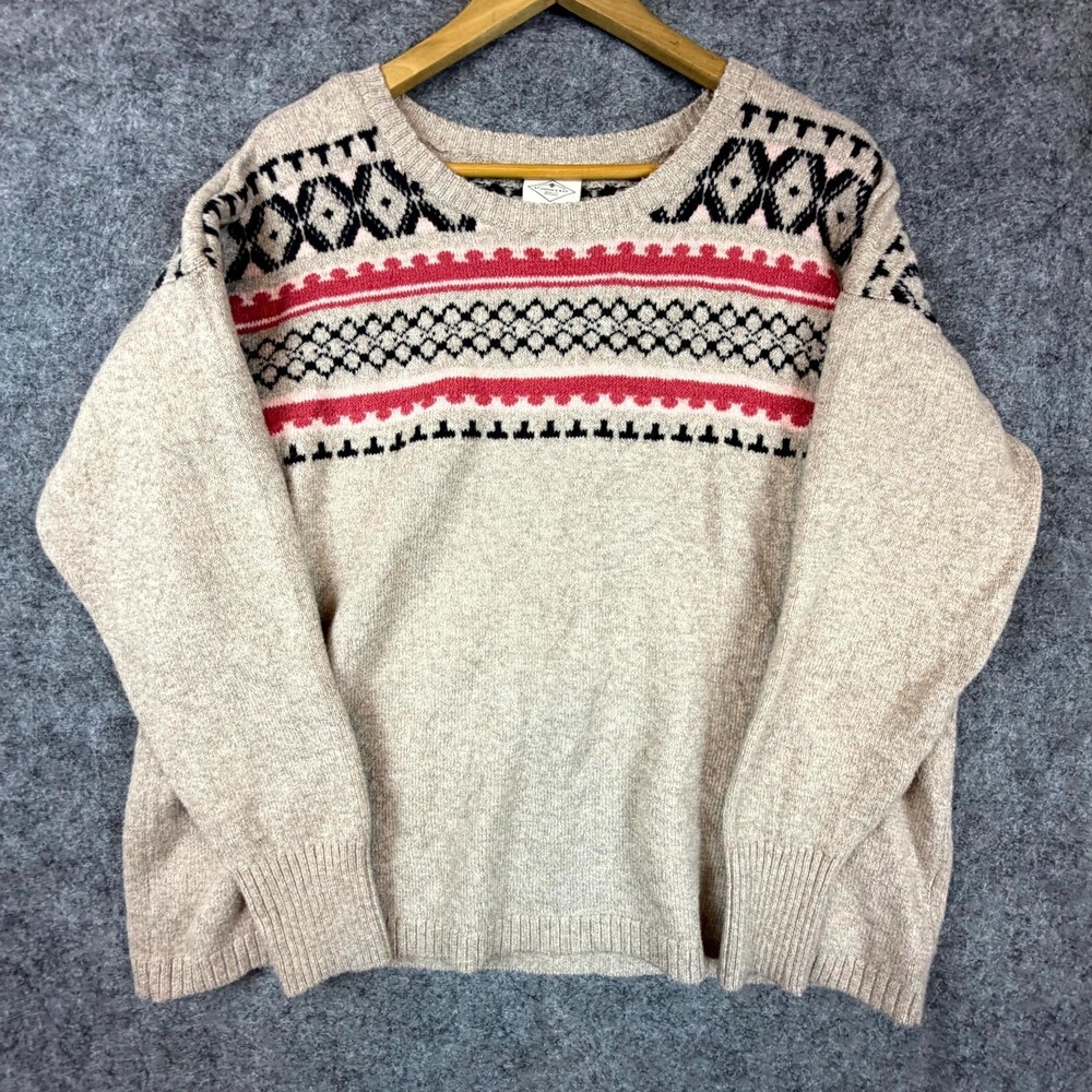 St. John's Bay Sweater Womens XL Beige Fair Isle Knitted Cotton Crew Neck Cozy